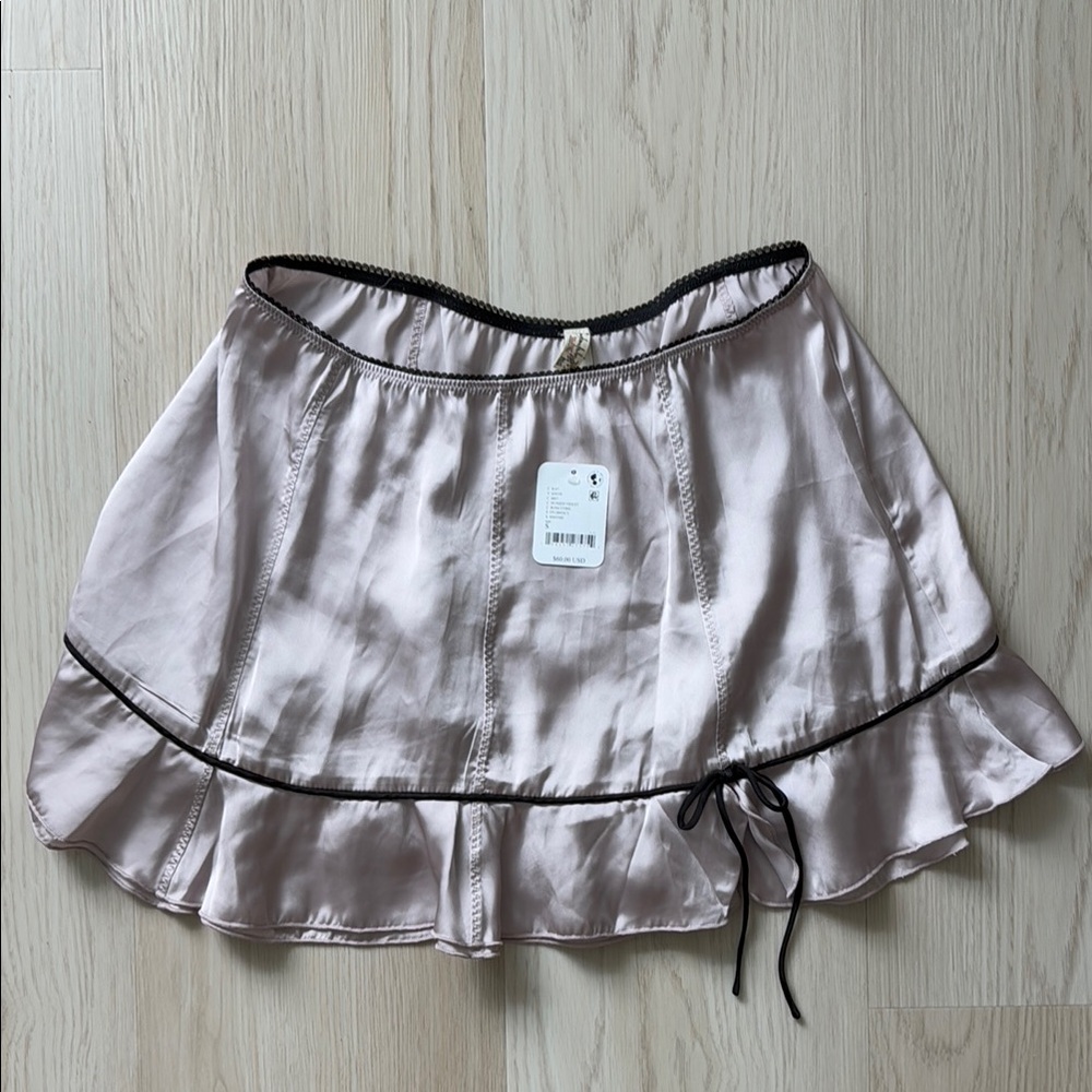 Free People Satin Mini Skirt in Light Blush with Black Trim